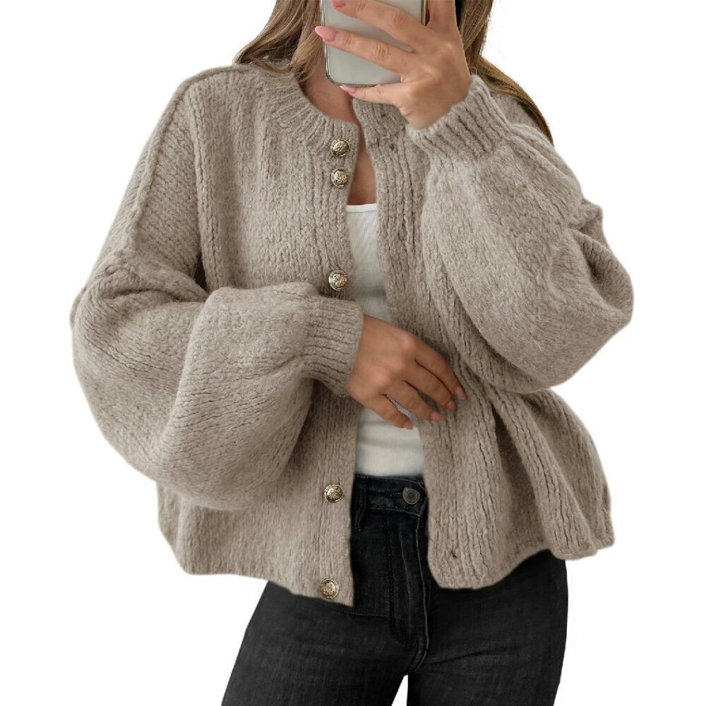 Oversized Chunky Knit Cardigan Lantern Sleeve Button Up Fall Sweater